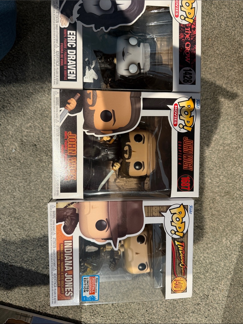 Funko Pop! Movies Eric Draven, John Wick & Indiana Jones - Black, White, Brown